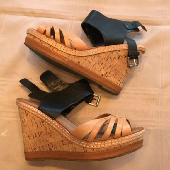 DV DOLCE VITA Brown Black Leather Buckle Platform Wedge Cork Heels Sandals 8 - Picture 3 of 9